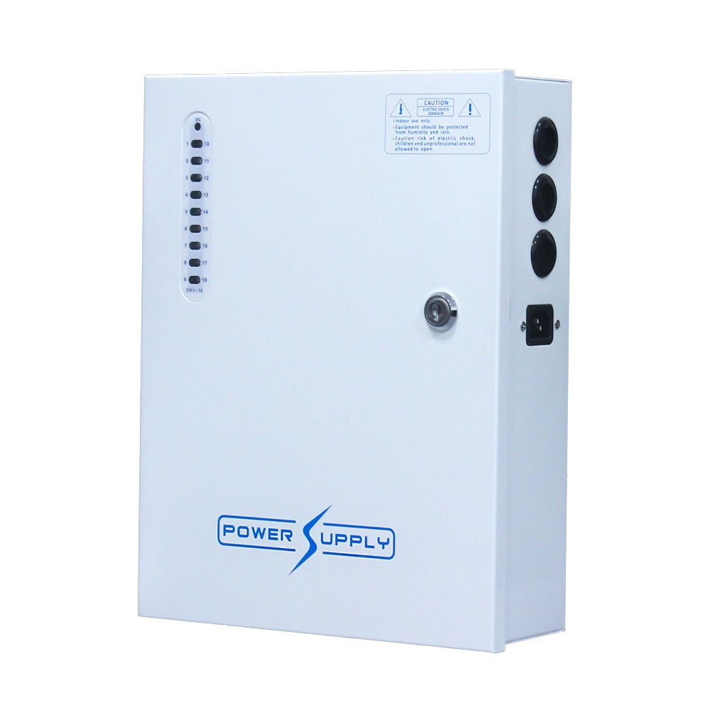 Fuente de alimentación en caja metálica de 16 salidas 12V /20A totales Carcasa blanca para instalación en pared Rango de entrada CA universal: 96V ~ 264V CA